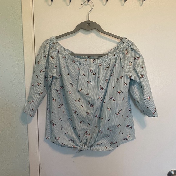 Iris Women’s Crop Pheasant Boho Bird Print Front Knot Tie Half Sleeve Top Sz S - Picture 1 of 3